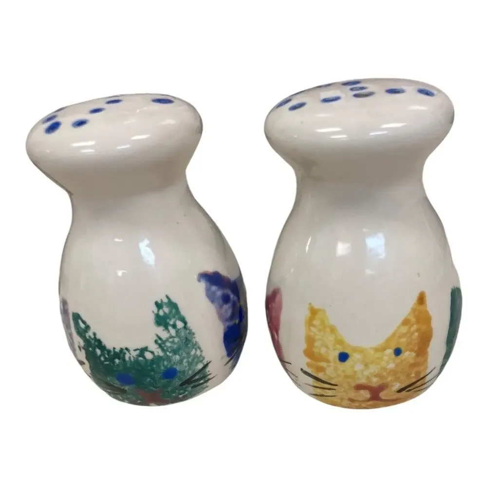 Cat Faces Hand Painted Salt & Pepper Set Mexico‎ 3.5